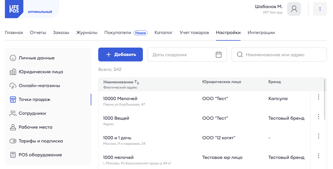 Карточка торговой точки, созданной плагином в LIFE POS
