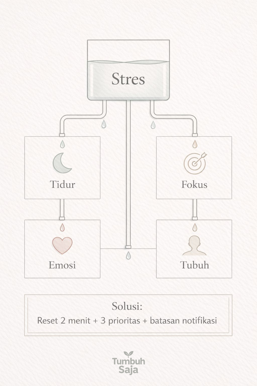 Infografik dampak stres pada tidur, fokus, emosi, dan tubuh serta solusi sederhana untuk meredakannya