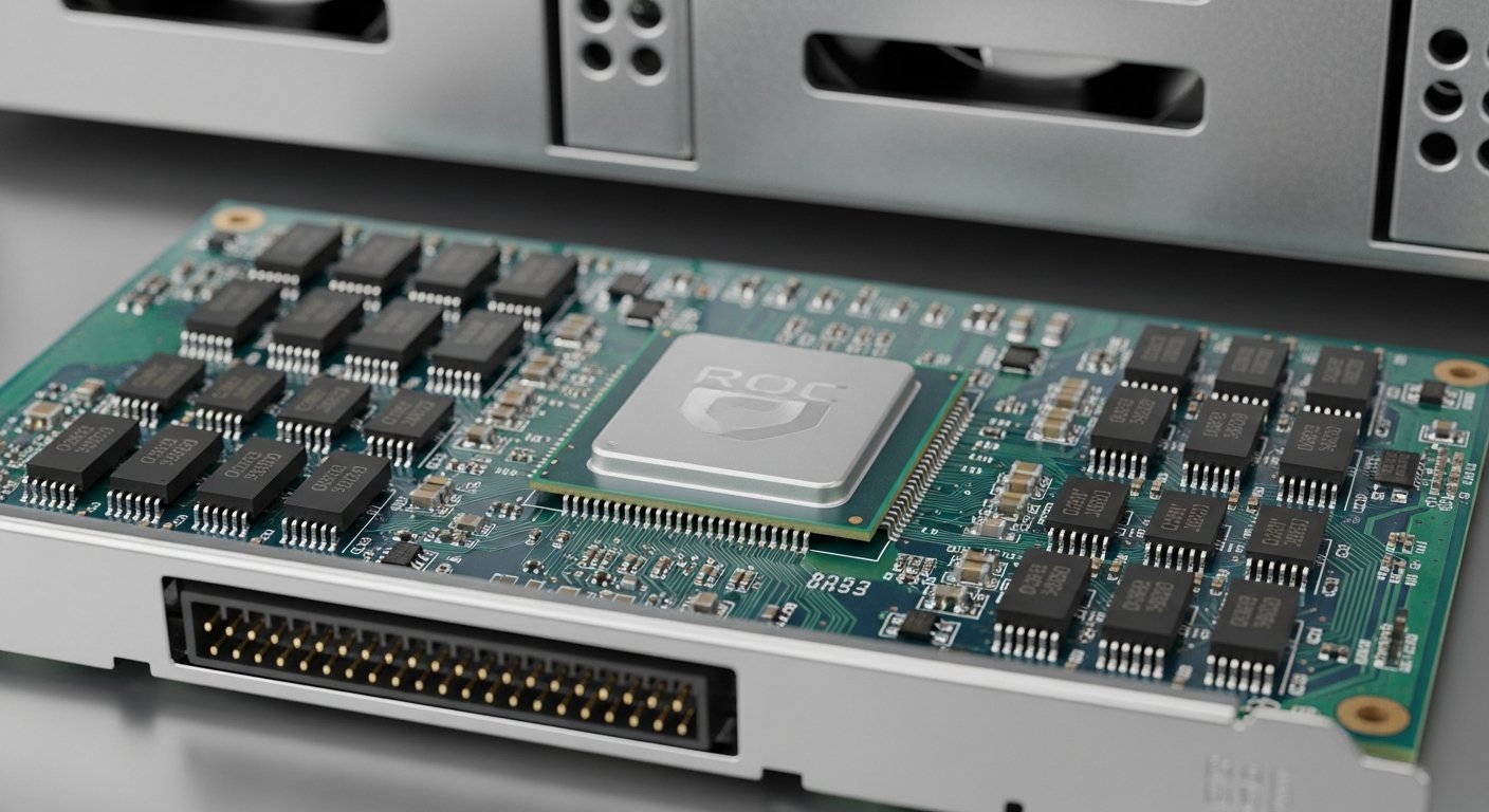 Аппаратный RAID-контроллер на плате PCIe, крупный план процессора ROC и банков памяти кеша, на фоне серверный корпус.