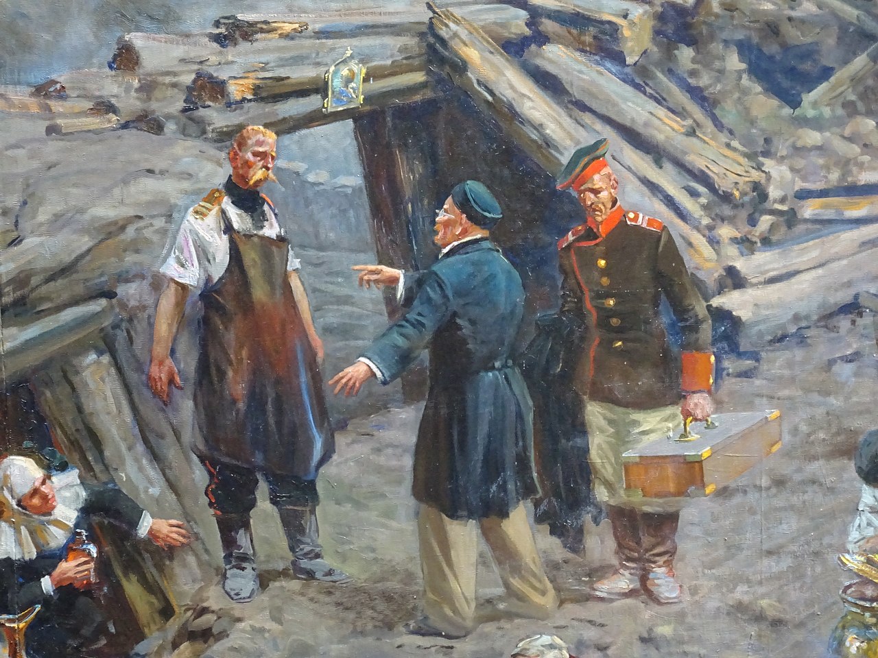 Н. И. Пирогов (в центре) на панораме «Оборона Севастополя» (фрагмент).