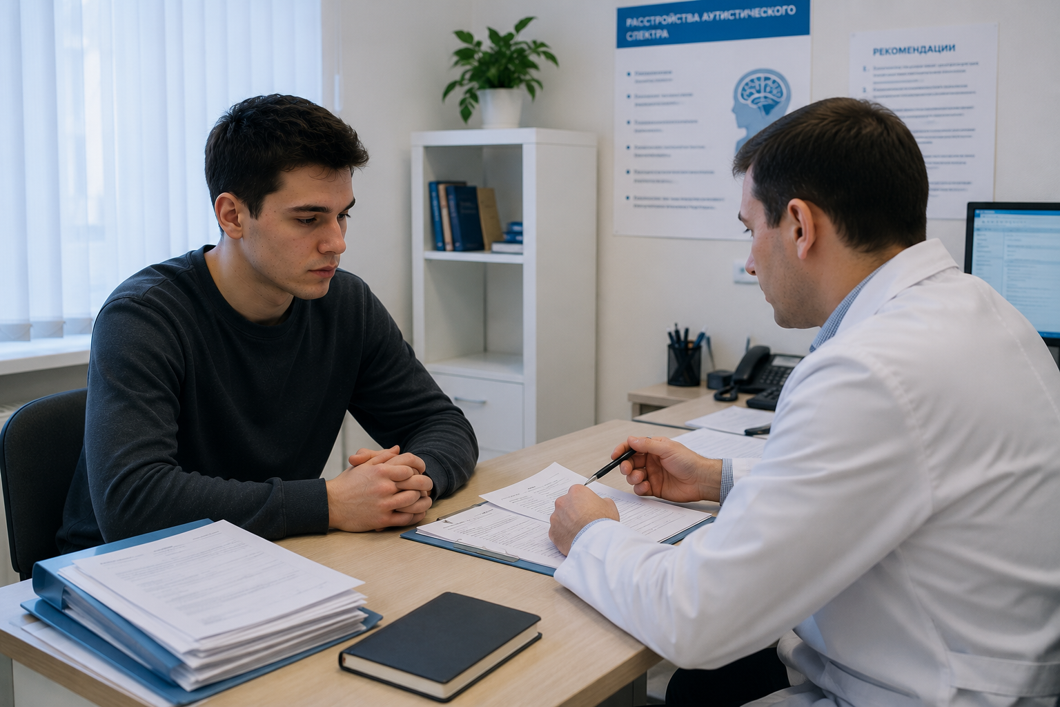 Психиатр беседует с молодым мужчиной и изучает медицинские документы по РАС