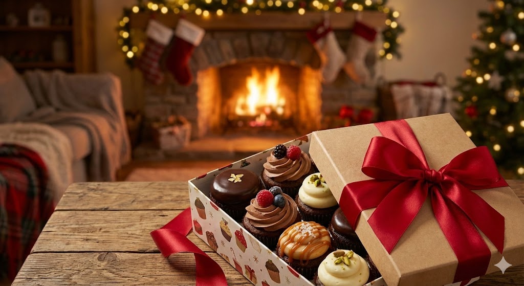 Подарочная коробка с шоколадными кексами ручной работы в уютном интерьере. 