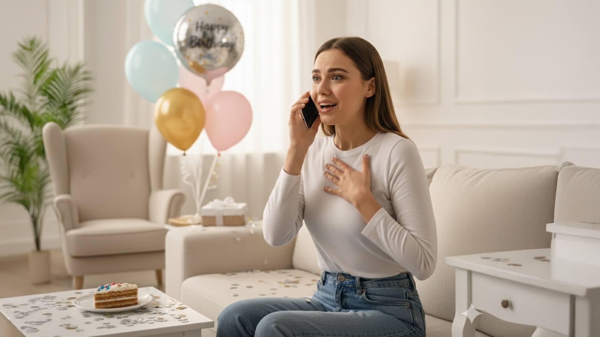 евушка получает песню в подарок на день рождения: эмоциональная реакция, радость и слёзы счастья, вокруг воздушные шары и праздничный декор