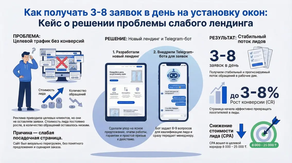 Инфографика: Как получить 3-8 заявок в день на установку окон - Кейс о решении проблемы слабого лендинга