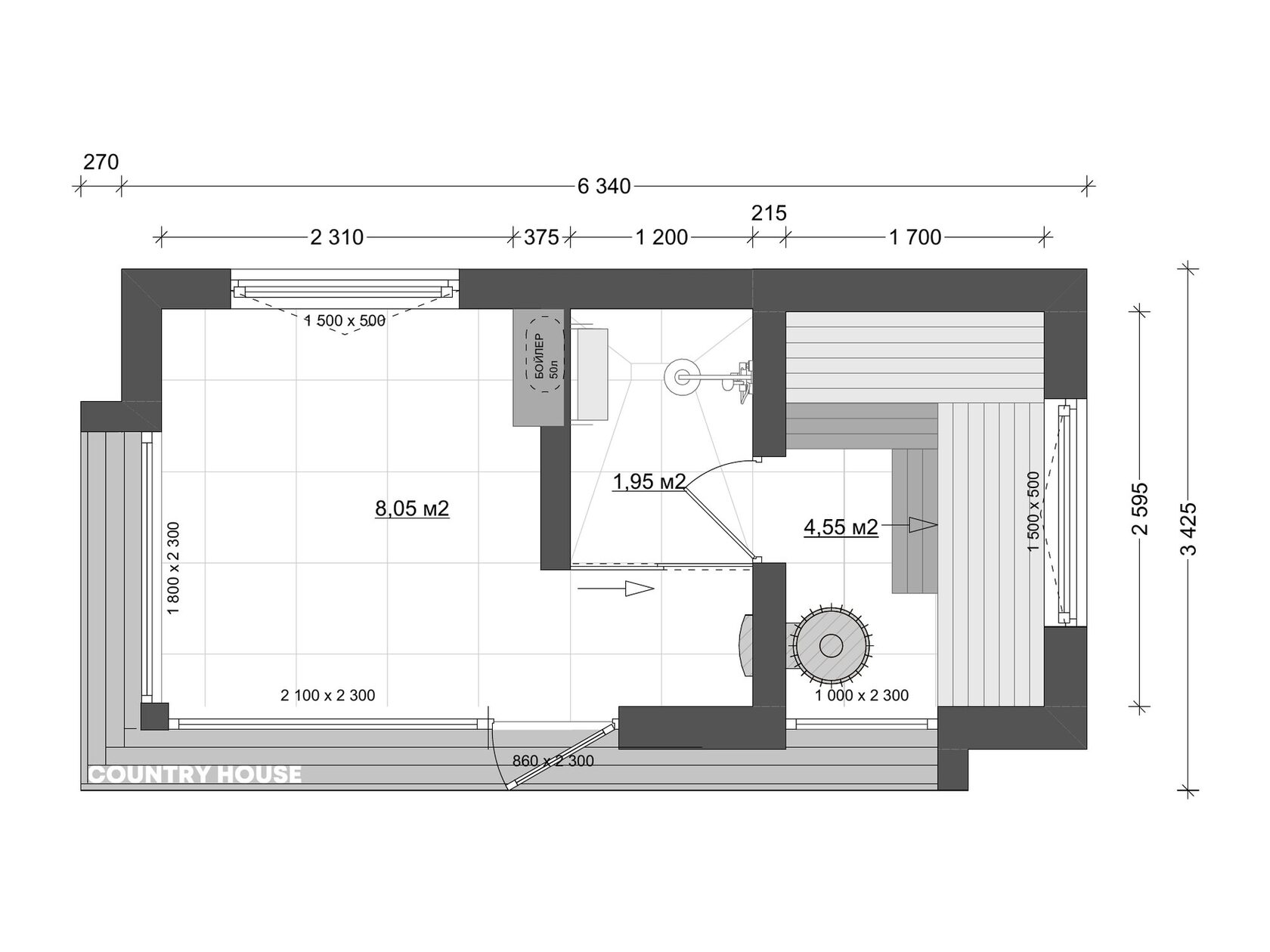 Планировка Лампи М вариант 2: комната отдыха 8,05, парная 4,55, мойка 1,95 м²