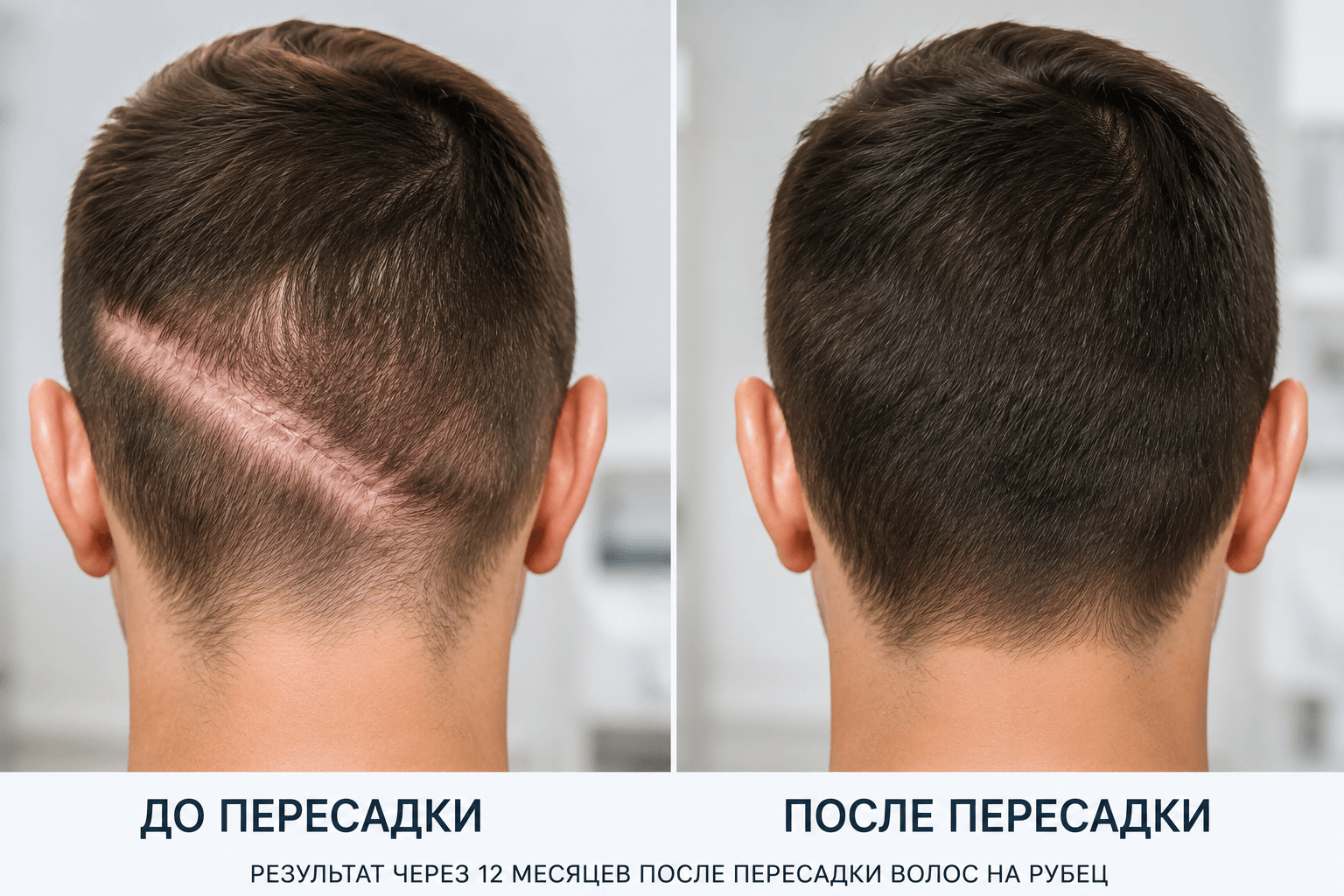 до и после пересадки волос на рубец