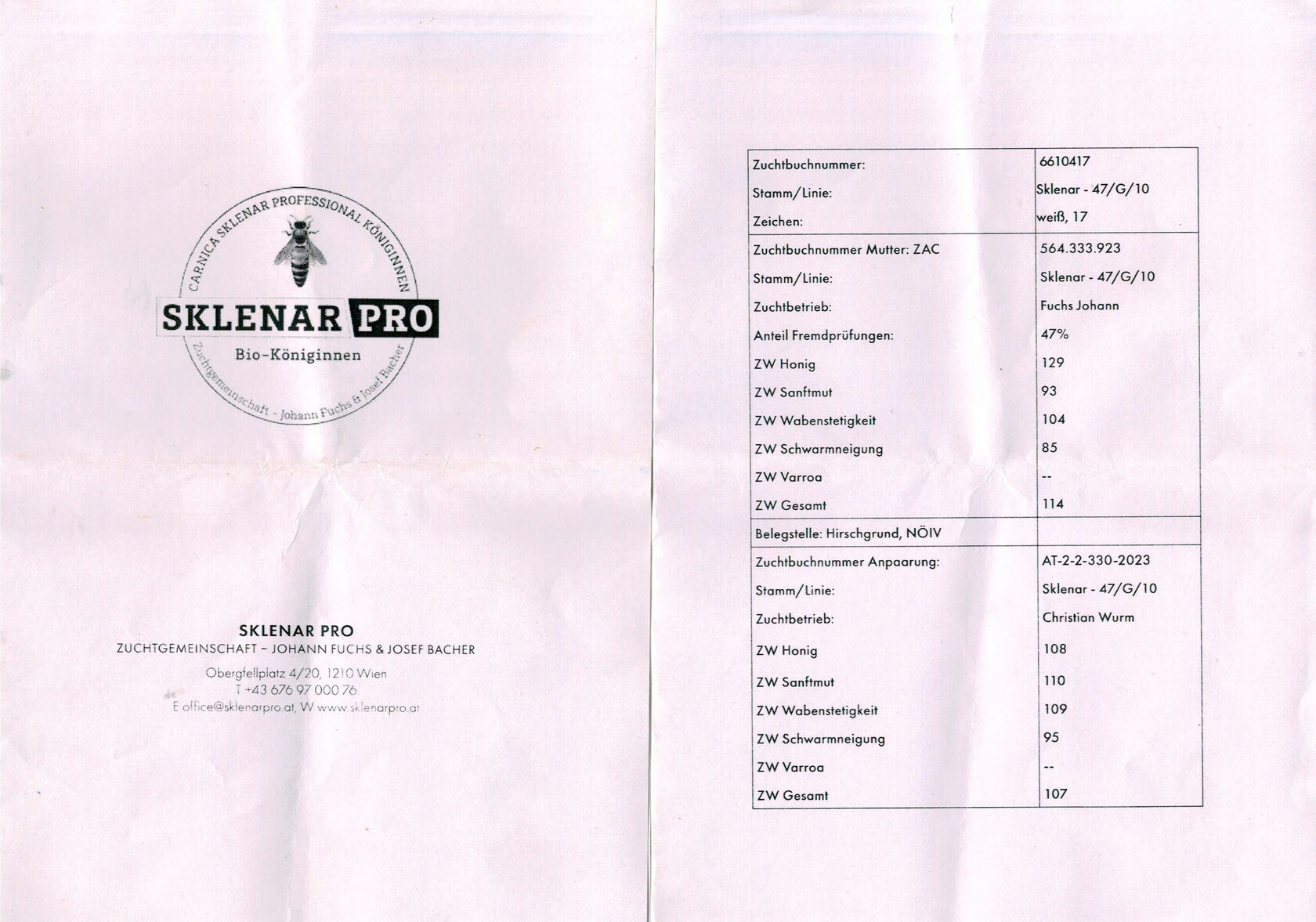 Племенной паспорт матки Sklenar Professional