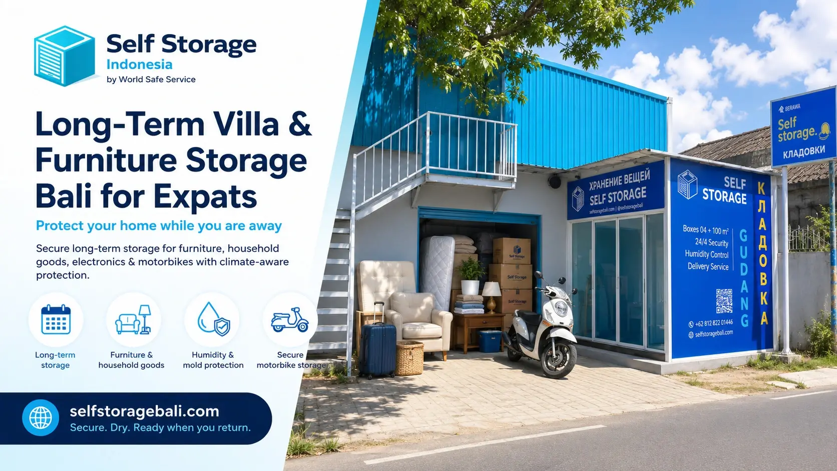 Professional climate-managed long-term storage facility in Bali for expats. Self Storage Bali by World Safe Service provides secure indoor units designed to protect villa furniture household belongings sensitive electronics and motorbikes from tropical hu
