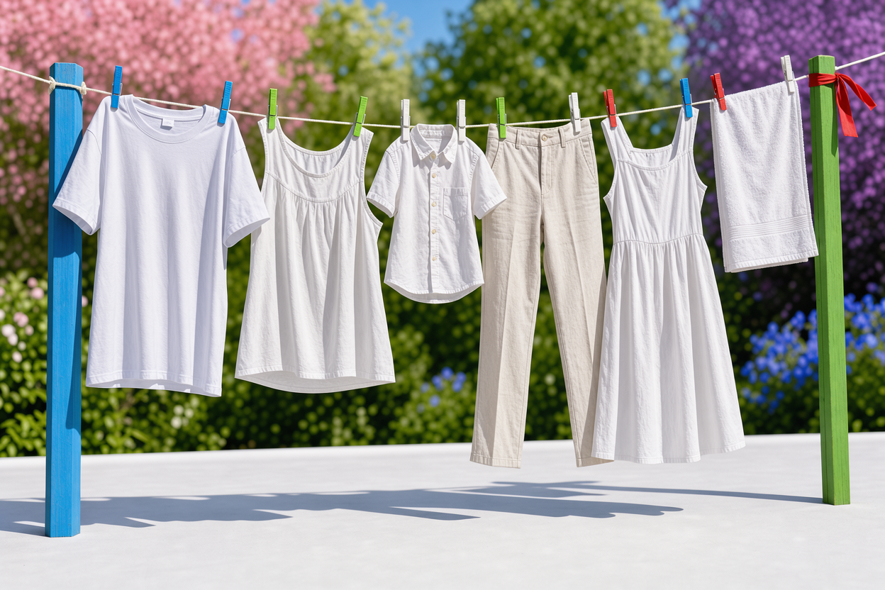 White garments hanging on a clothesline outdoors in bright sunlight, fresh and clean, no people or cleaning products visible