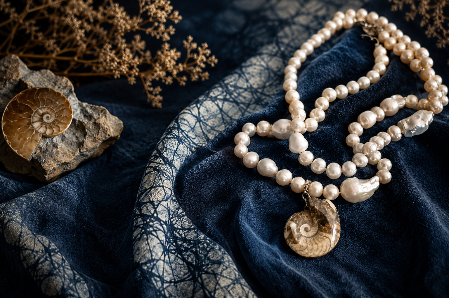 Luxury baroque pearl necklace with ammonite fossil pendant on deep blue textured fabric, editorial jewelry photography for Ampulla Temporis natural history jewelry collection.
