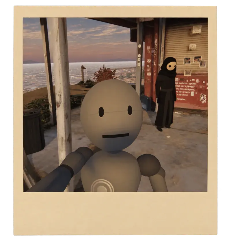 A virtual visitor’s instant-photo selfie taken beside the kiosk in VISARUN