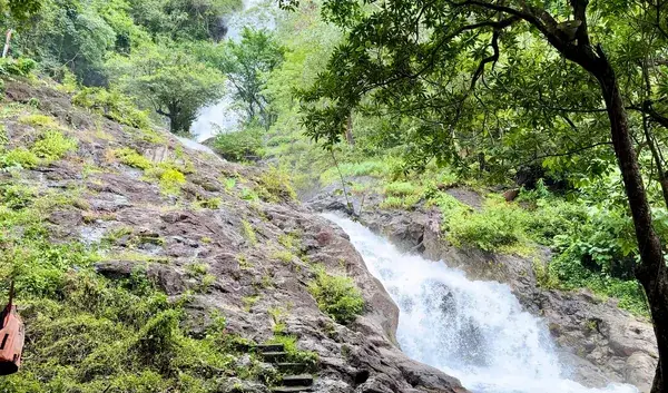 Водопад по скалам в густой зелени