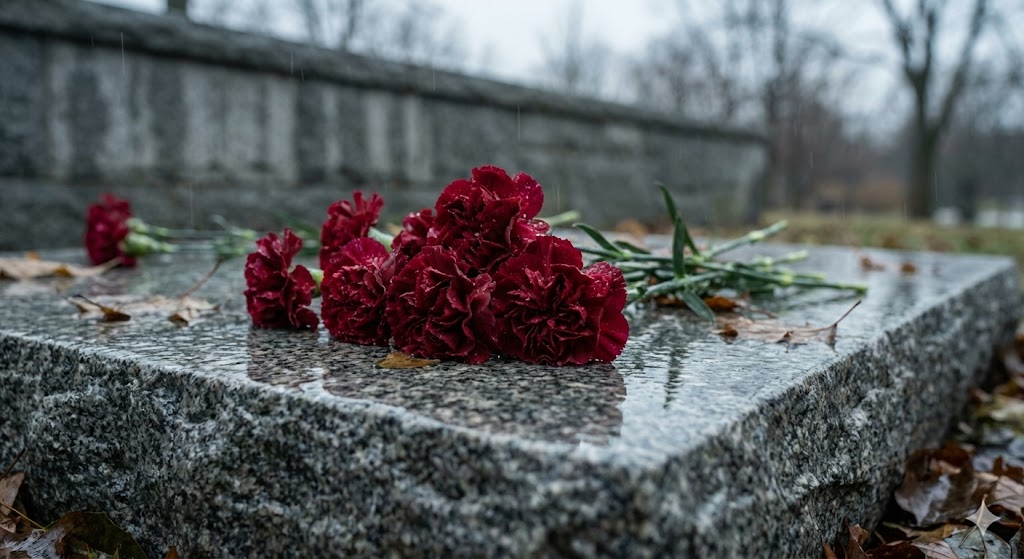 Красные гвоздики на гранитном памятнике в День памяти жертв радиационных аварий