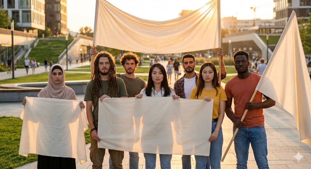 Группа молодых людей разных национальностей отмечает день солидарности в городской среде