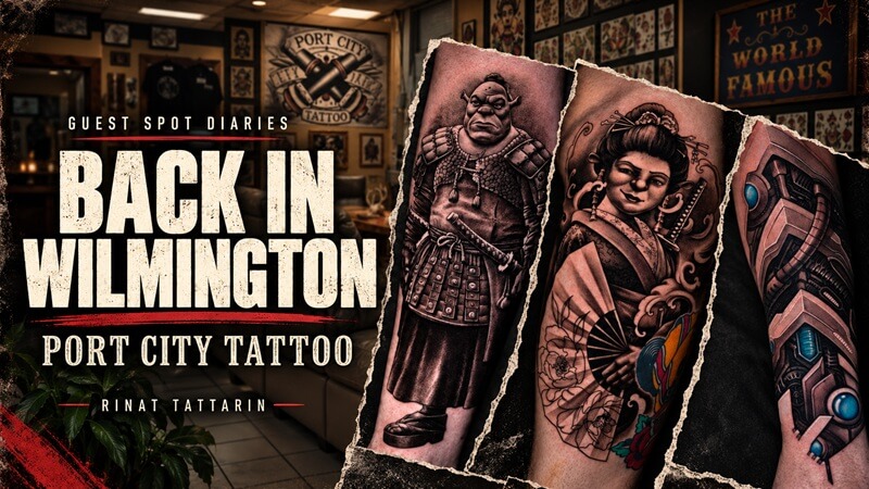 blog, Wilmington guest spot cover featuring samurai Shrek, geisha Fiona and biomechanical tattoos by Rinat Tattarin at Port City Tattoo, 520