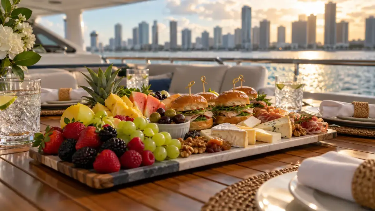 Catering platter with fruit, small sandwiches and cheese on a teak table on a yacht deck with the Miami skyline behind