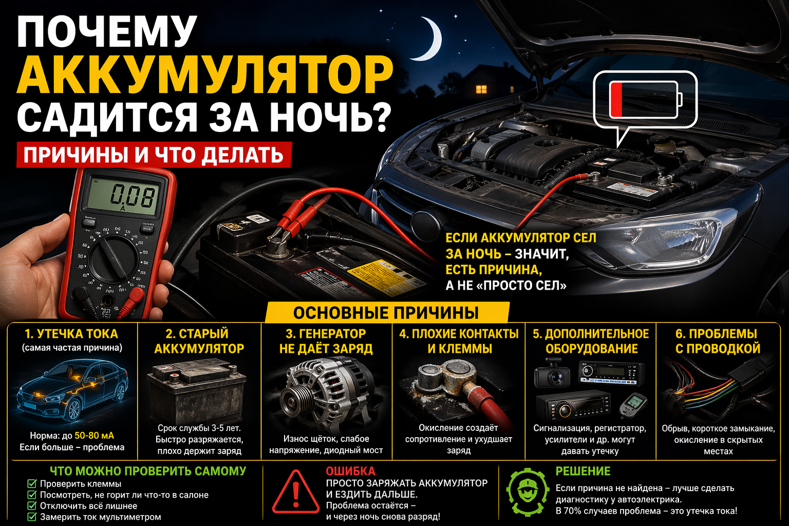 Почему аккумулятор разряжается за одну ночь