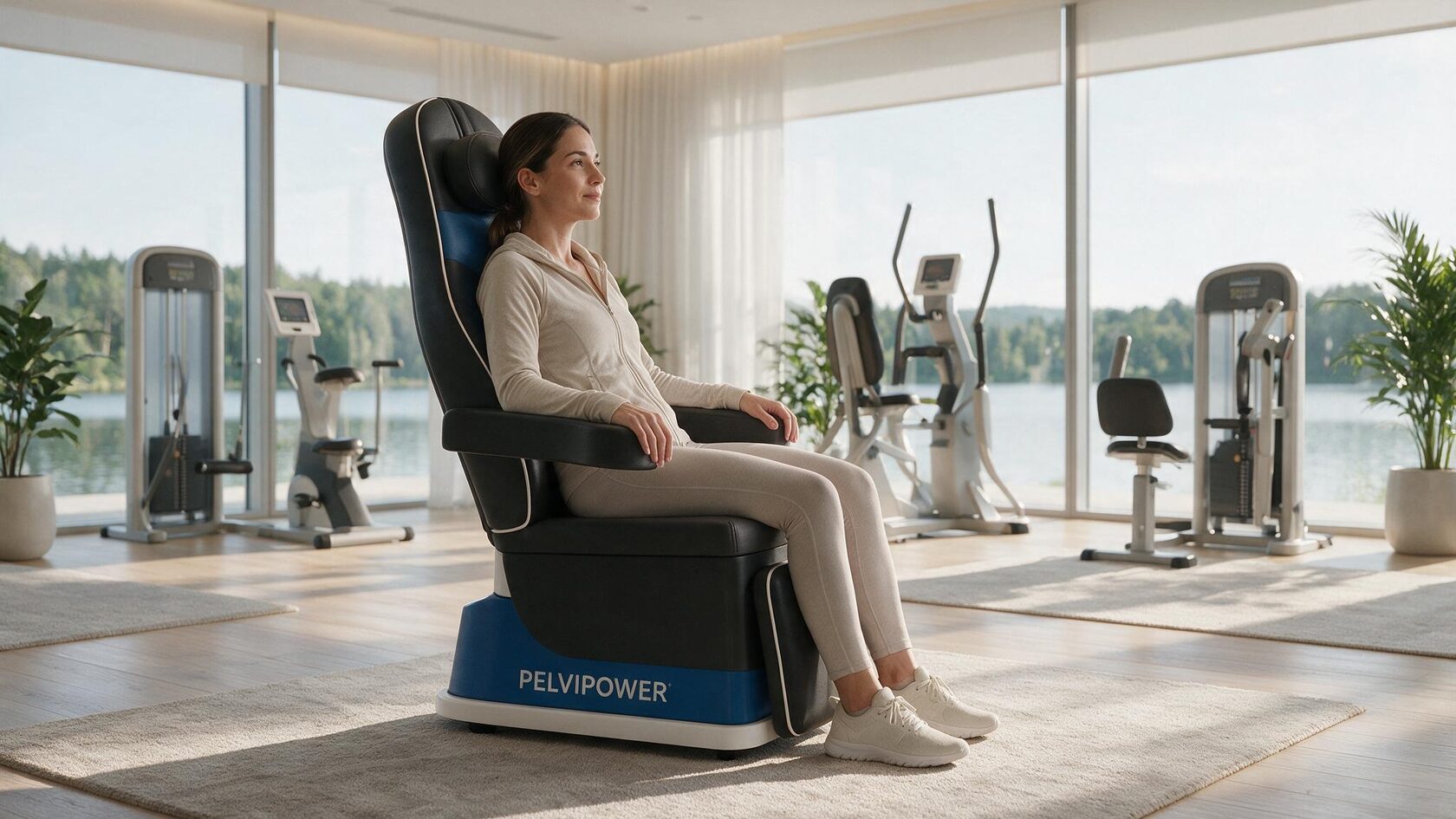 Гостья санатория на кресле Pelvic FMS (Пелвик ФМС) в зоне лечебной физкультуры с видом на озеро