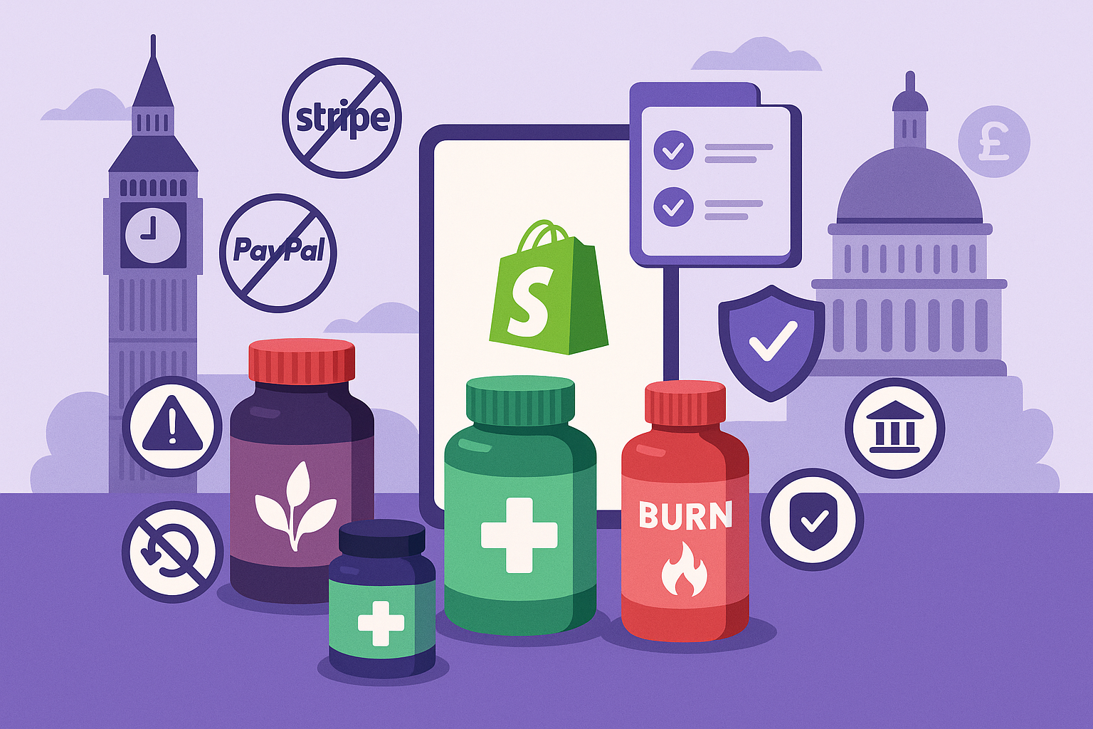 Illustration of Shopify UK supplement payment solutions featuring supplement bottles, a tablet with the Shopify logo, Big Ben, and St. Paul’s Cathedral in the background. Icons for Stripe and PayPal with cancel marks highlight restrictions, while checkmar