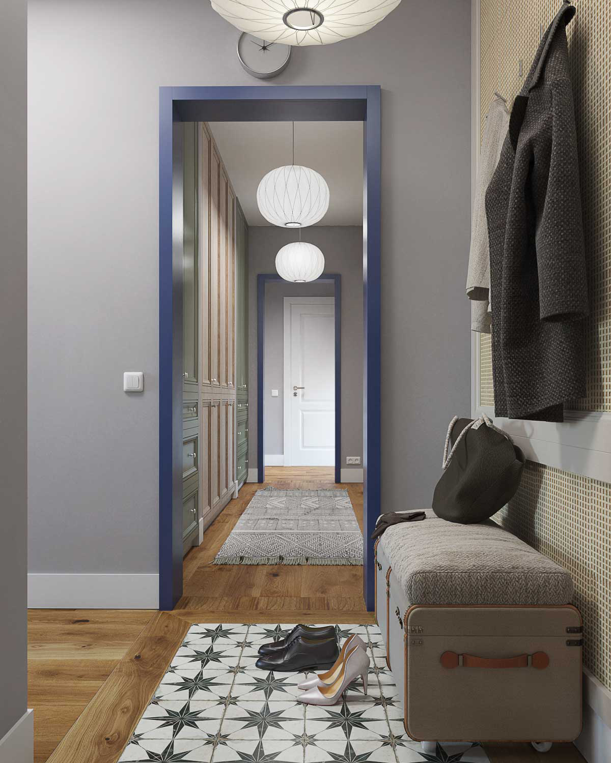 Прихожая с ротангом. Панель ротанг. Вешалка для верхней одежды. Коридор со шкафом. Светильники шары белые