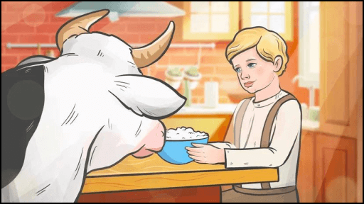 Фрагмент рекламной истории: уютная кухня, мальчик с добротой угощает корову – символ заботы и натуральности