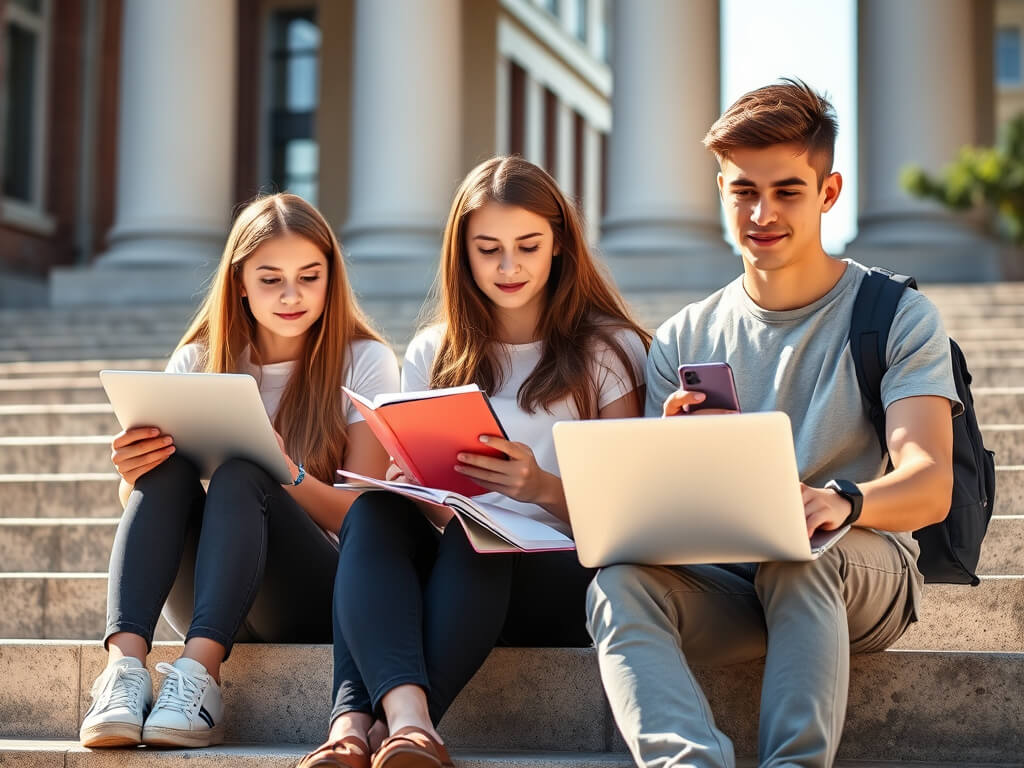 группа студентов, сидящих на ступенях университета в тёплом дневном свете. У них в руках ноутбуки, тетради, смартфоны — они заняты учёбой или обсуждением. Атмосфера лёгкая и уверенная: лица молодых людей отражают независимость, решимость и спокойствие. Ви