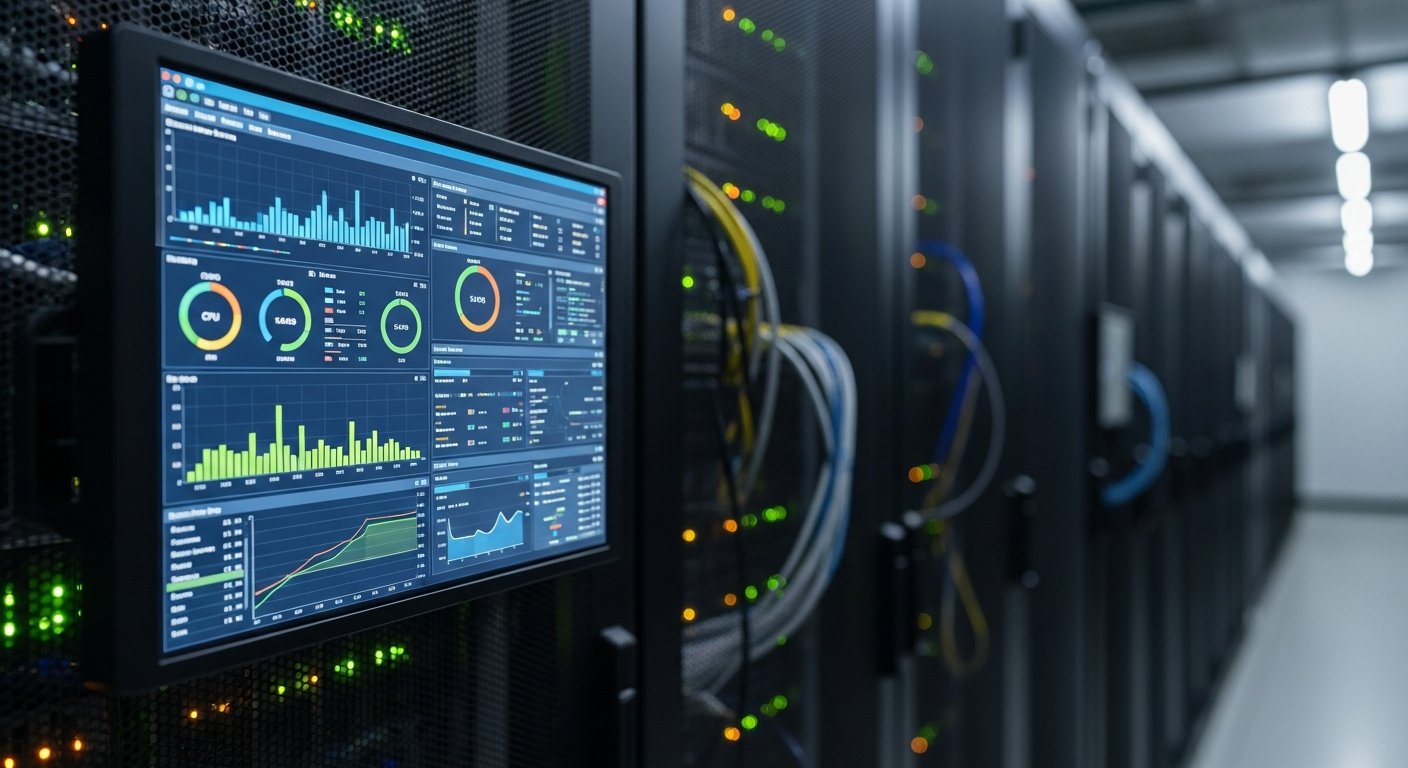 Экран сервера с интерфейсом управления операционной системой и системными метриками, установленной на производственный сервер