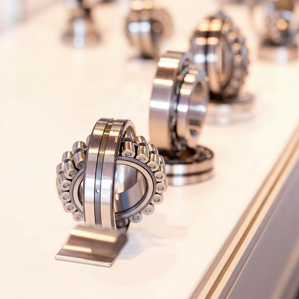 Металлические подшипники, выставленные на белом столе