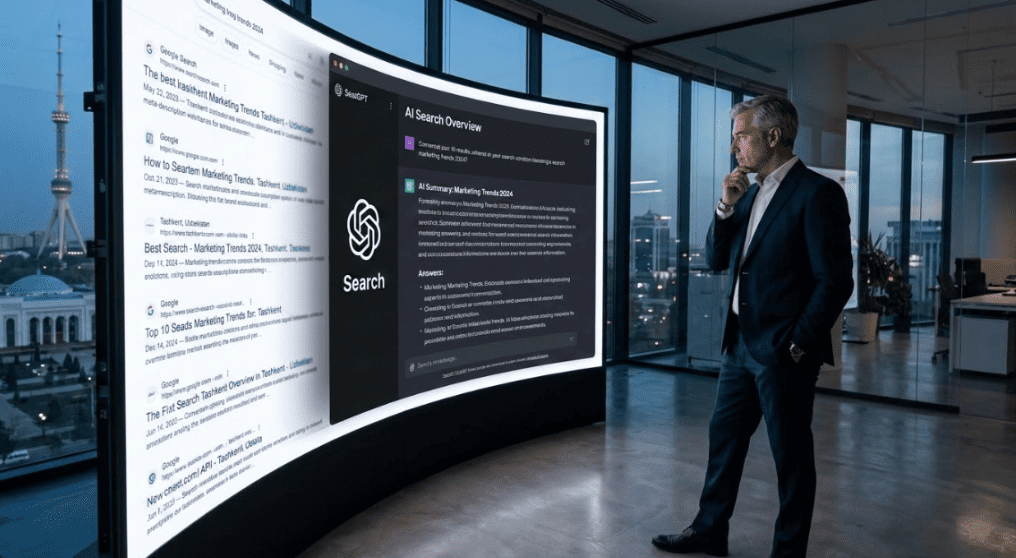 A CMO in a Tashkent office reviews an AI-generated search overview on a large screen, illustrating the generative search impact on brand discovery and the shift from traditional SEO to AEO.