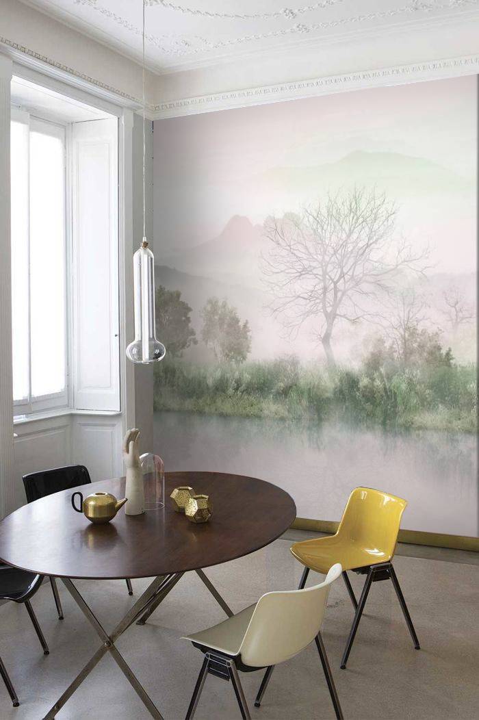 Нежная фреска на стену в кухню, детскую, спальню, деревья в тумане в розовых пастельных тонах, весна, лес, озеро Walldiz.ru