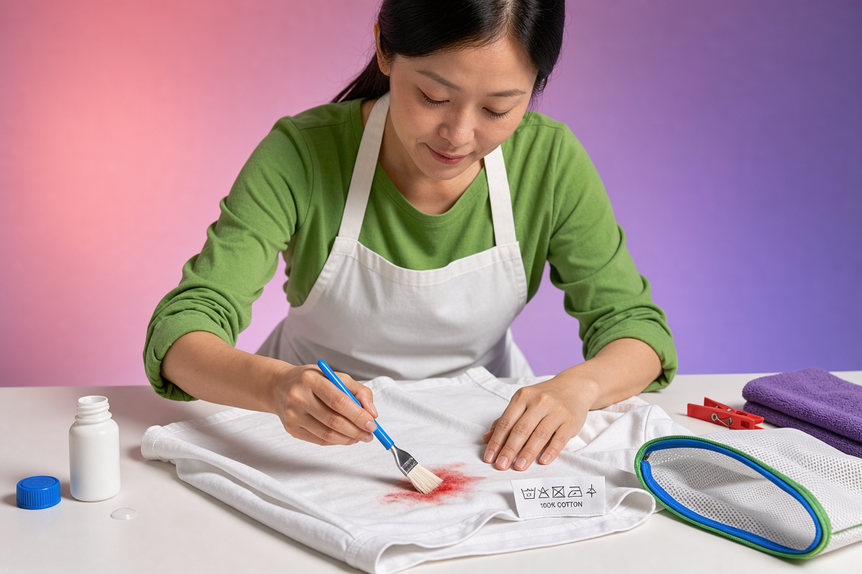A person pretreating a stain on a shirt with a small brush next to a visible care label and an open mesh laundry bag