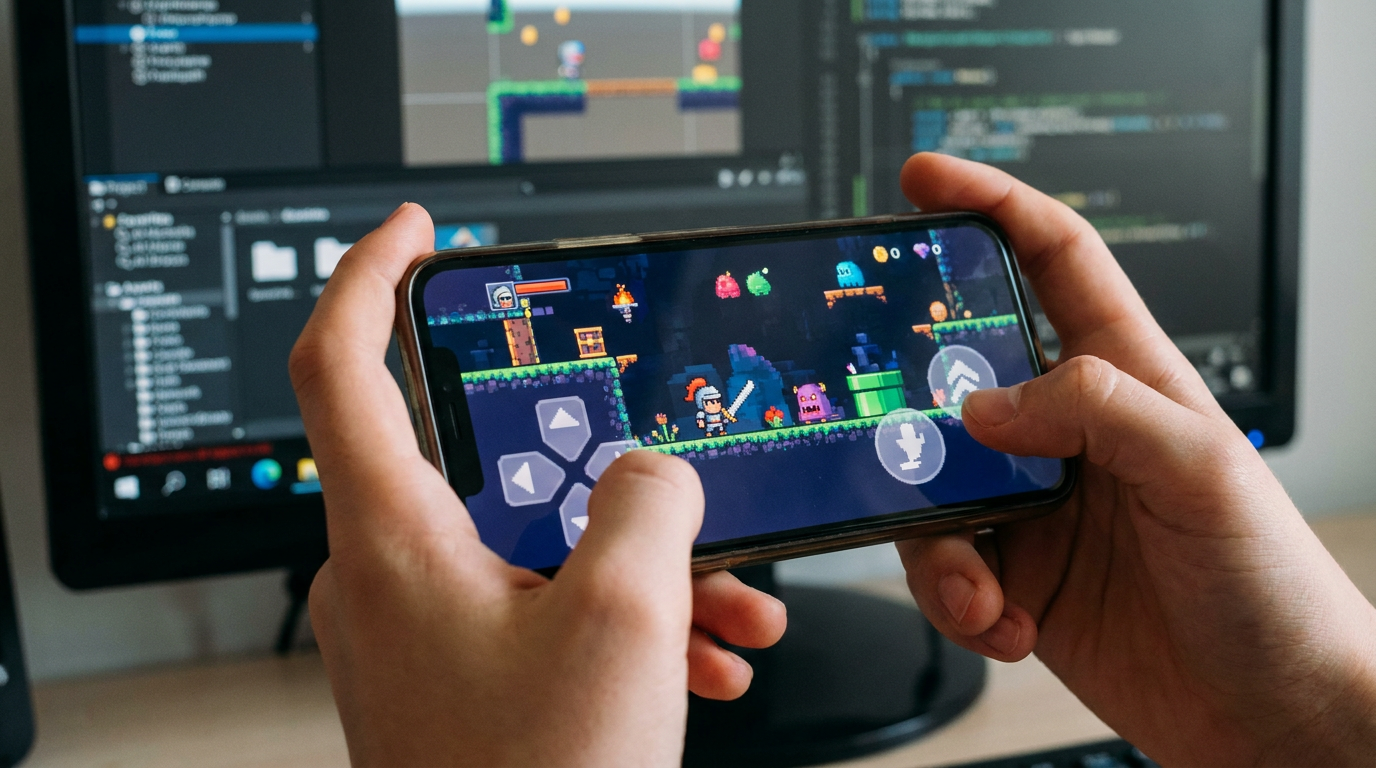 Экран смартфона в руках ребенка с тестовой сценой игры платформера