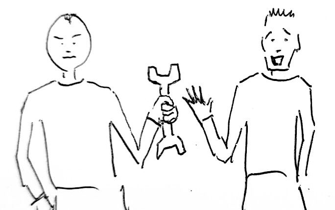 Illustration of two maintenance men - one is grumpy holding a spanner and the other is smiling and waving
