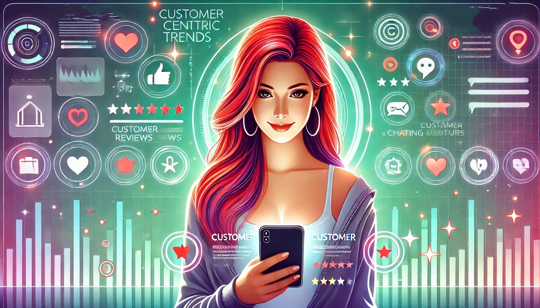 улыбающаяся красивая рыжеволосая женщина , держит в руке телефон, вокруг нее фон с лайками и отзывами