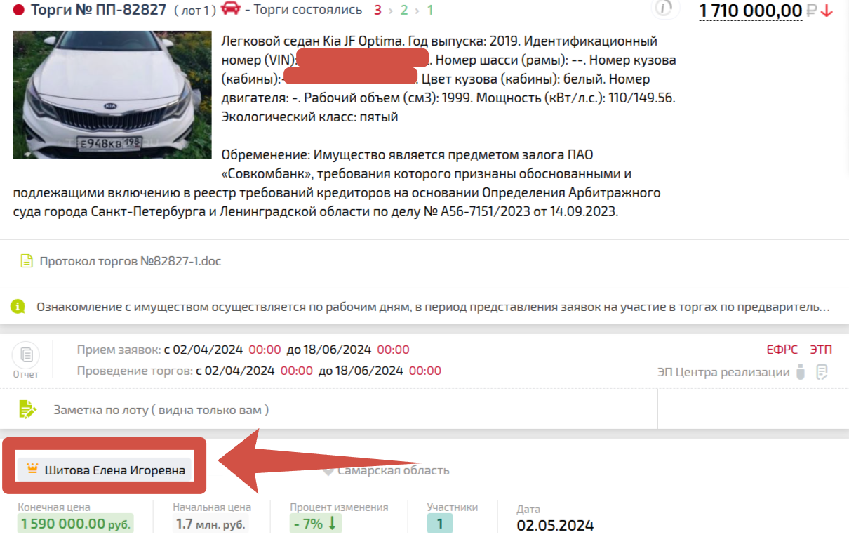 Пример завершённых торгов 8