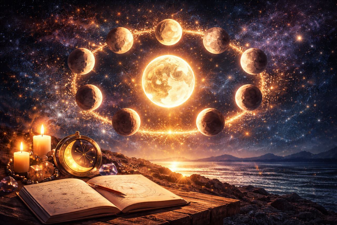 Цифровая иллюстрация, показывающая цикл фаз Луны, с полнолунием в центре, окружённым всеми фазами Луны, от новолуния до убывающей Луны. На переднем плане — астрономический календарь, свечи и кристаллы, создающие атмосферу уединённости и магии