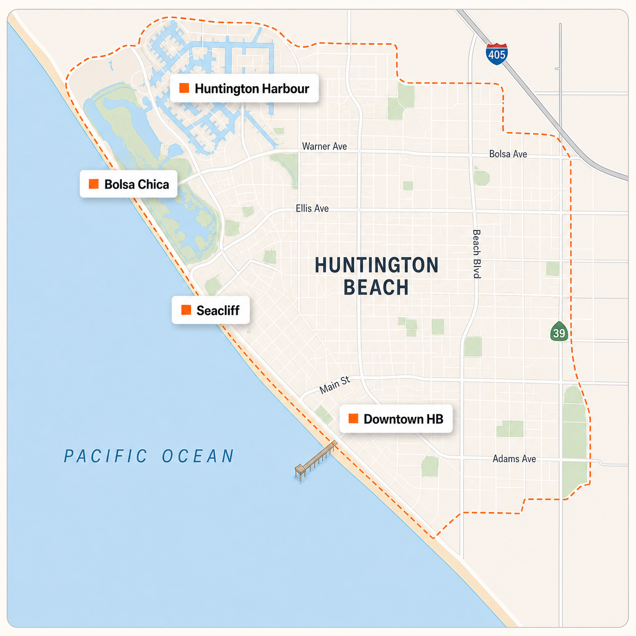 outdoor living pergola Orange County service area map near Huntington Beach