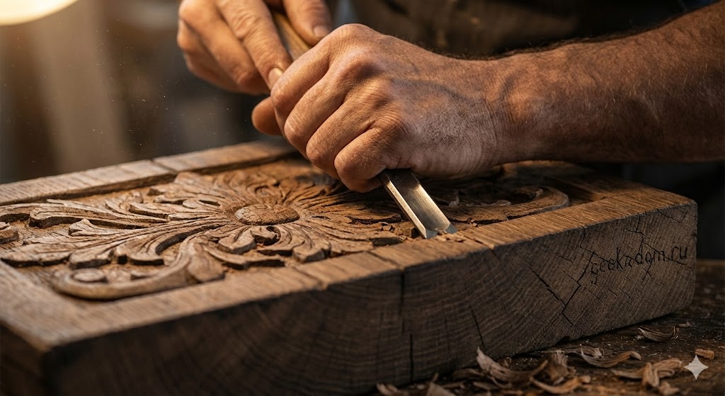 Руки мастера вырезают узор по дереву в мастерской