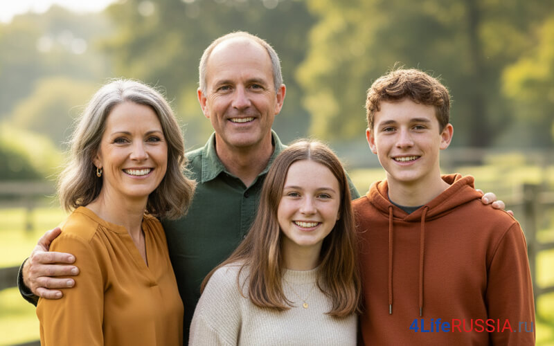 4Life Transfer Factor: улыбающаяся семья на прогулке — образ радости, спокойствия и внутреннего баланса, который поддерживает восстановление после стресса.