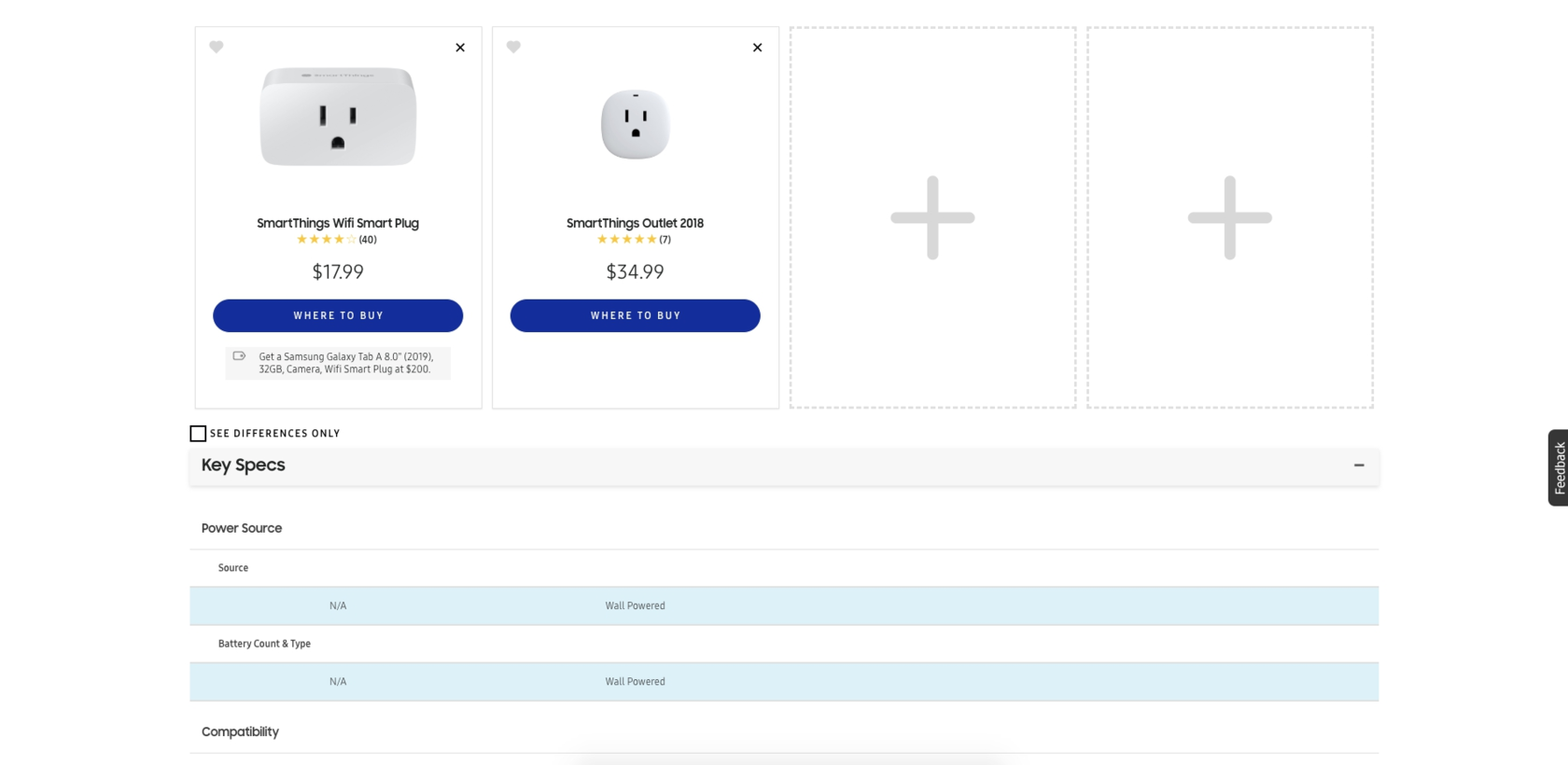 Сравнительная таблица товаров в интернет-магазине Samsung.