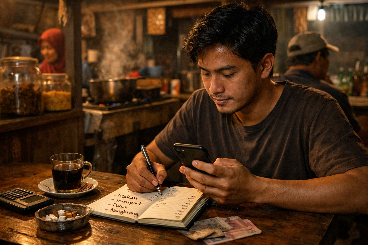 Anak muda mencatat pengeluaran harian di buku sambil memantau cashflow pribadi di warung