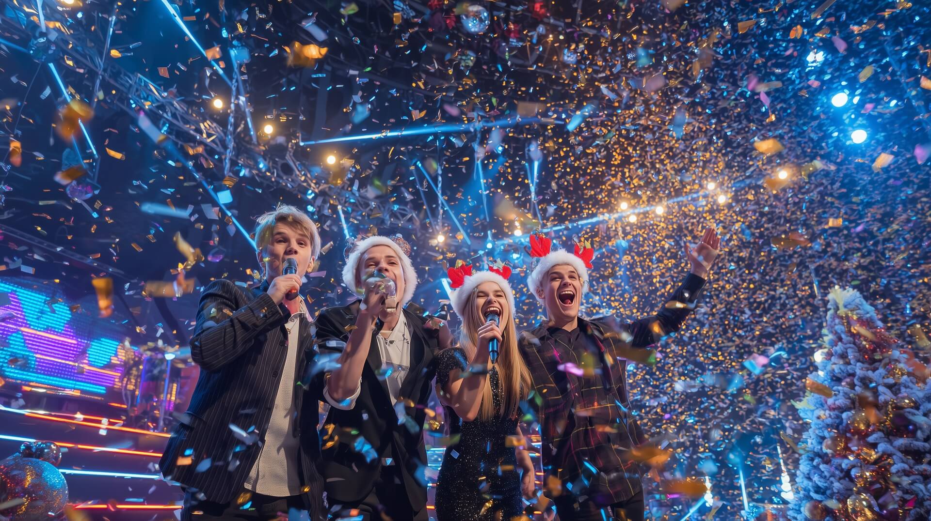 Команда IT-специалистов празднует новогодний корпоратив и слушает свою корпоративную песню.