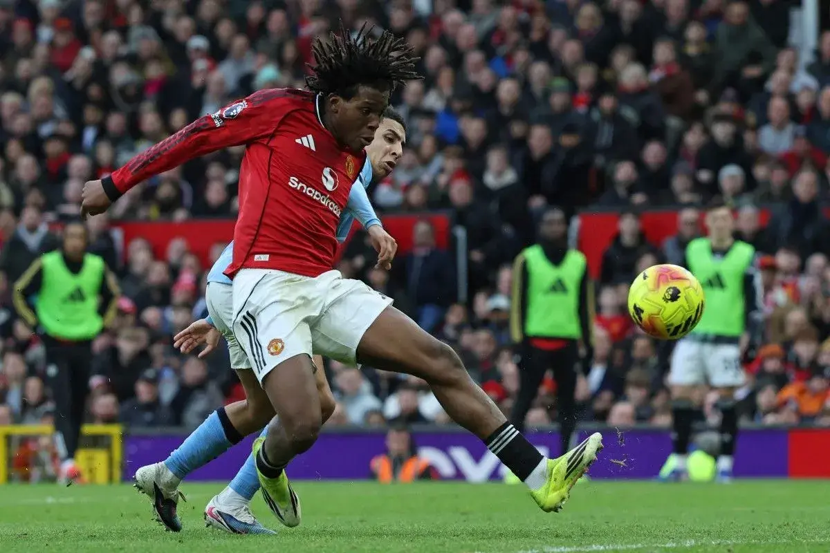 Manchester United player fighting for possession during the 2-0 Derby victory against Man City at Old Trafford on January 17, 2026.