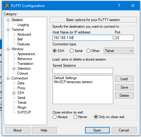 окно подключения через putty