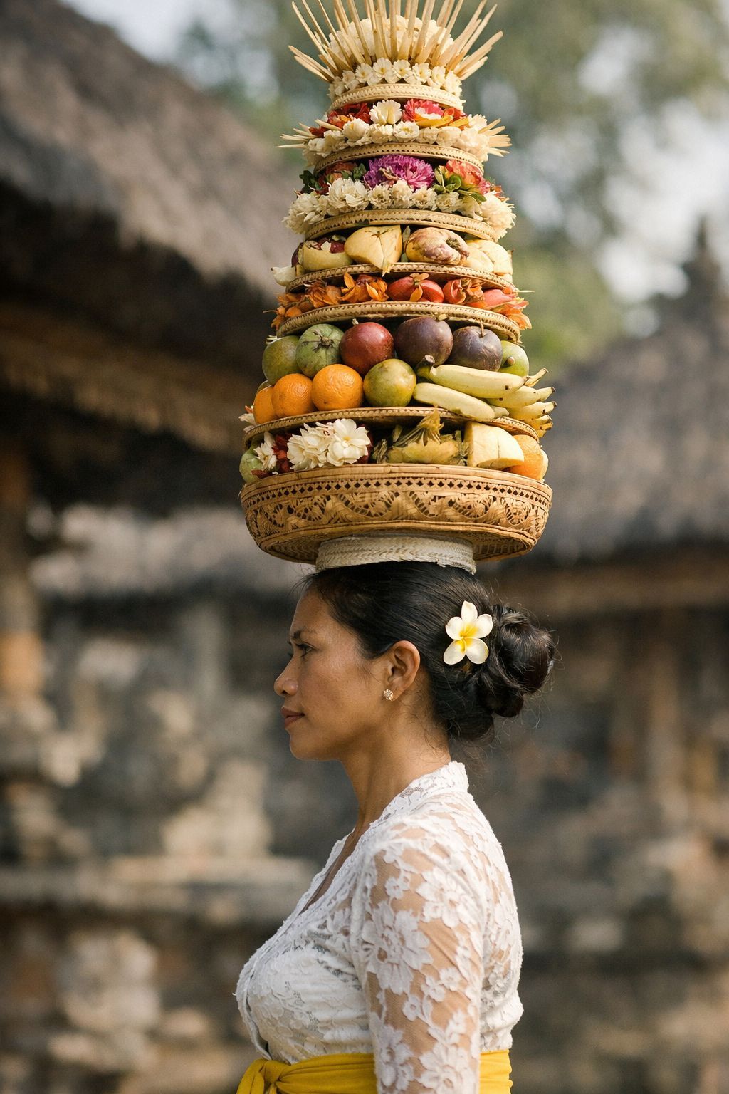Teknik menjunjung gebogan dalam tradisi Bali dengan stabil dan seimbang