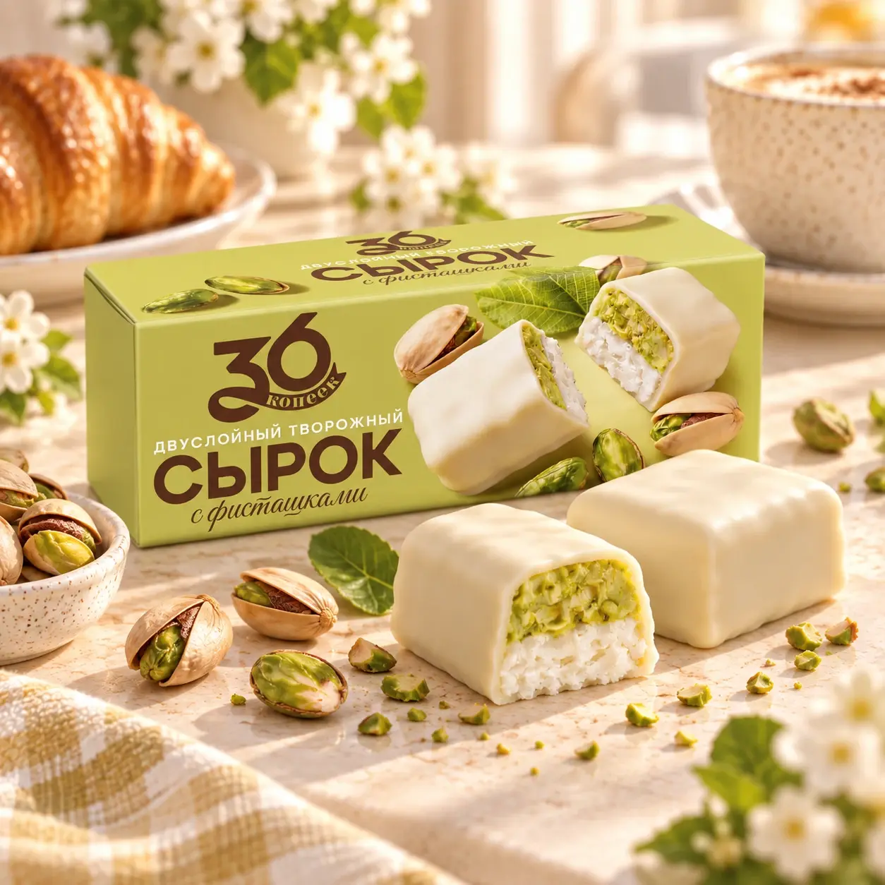 Двуслойный творожный сырок фисташка и ваниль, белая глазурь — упаковка 36 копеек