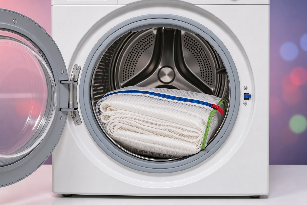 Sheer curtains folded into a mesh laundry bag and placed carefully inside a washing machine drum for delicate cycle