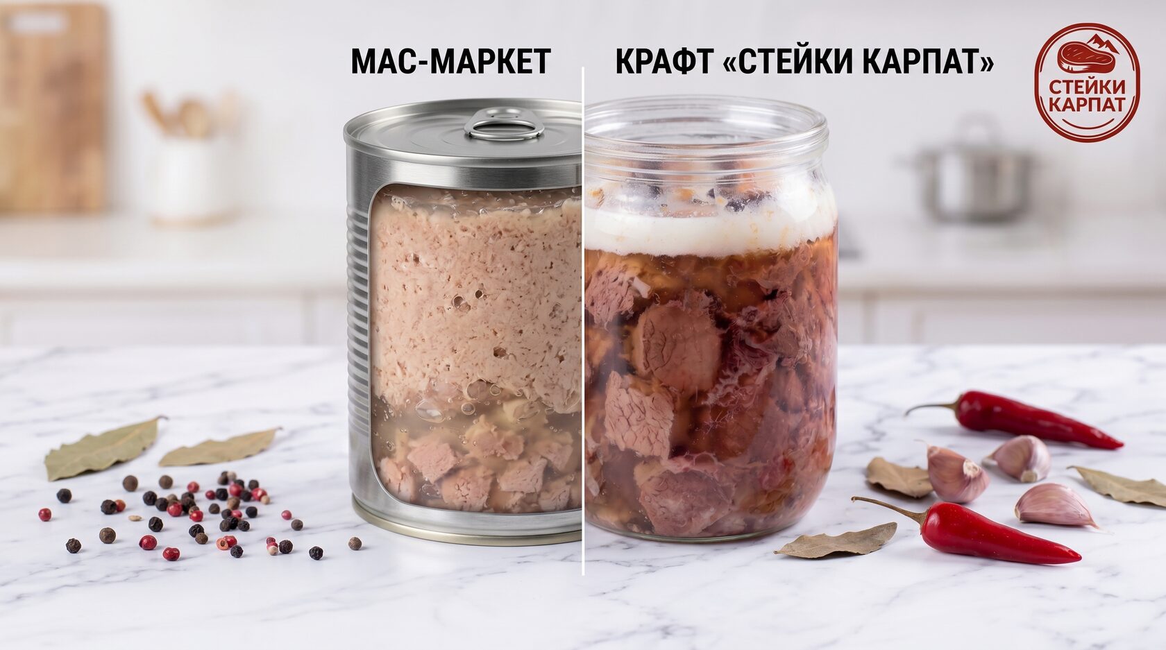 Порівняння крафтової тушонки Стейки Карпат та мас-маркет консерви. Якісна тушонка з великими шматками мяса у скляній банці проти промислової. Логотип Стейки Карпат