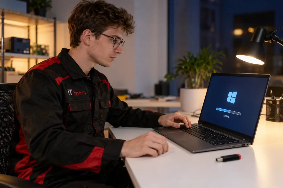 Специалист IT System устанавливает операционную систему на ноутбук