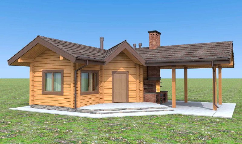 Визуализация бани с крытой террасой и зоной барбекю, фронтальный вид